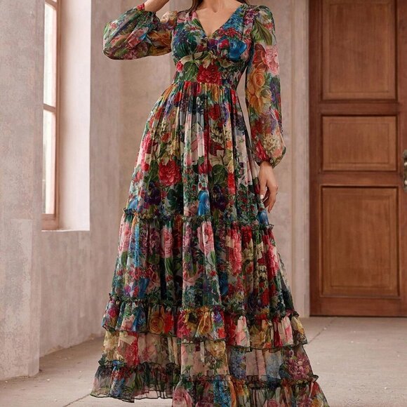Multicolor Elegant Women's Floral Long Sleeve Frill Trim Maxi Dress - Picture 5 of 6